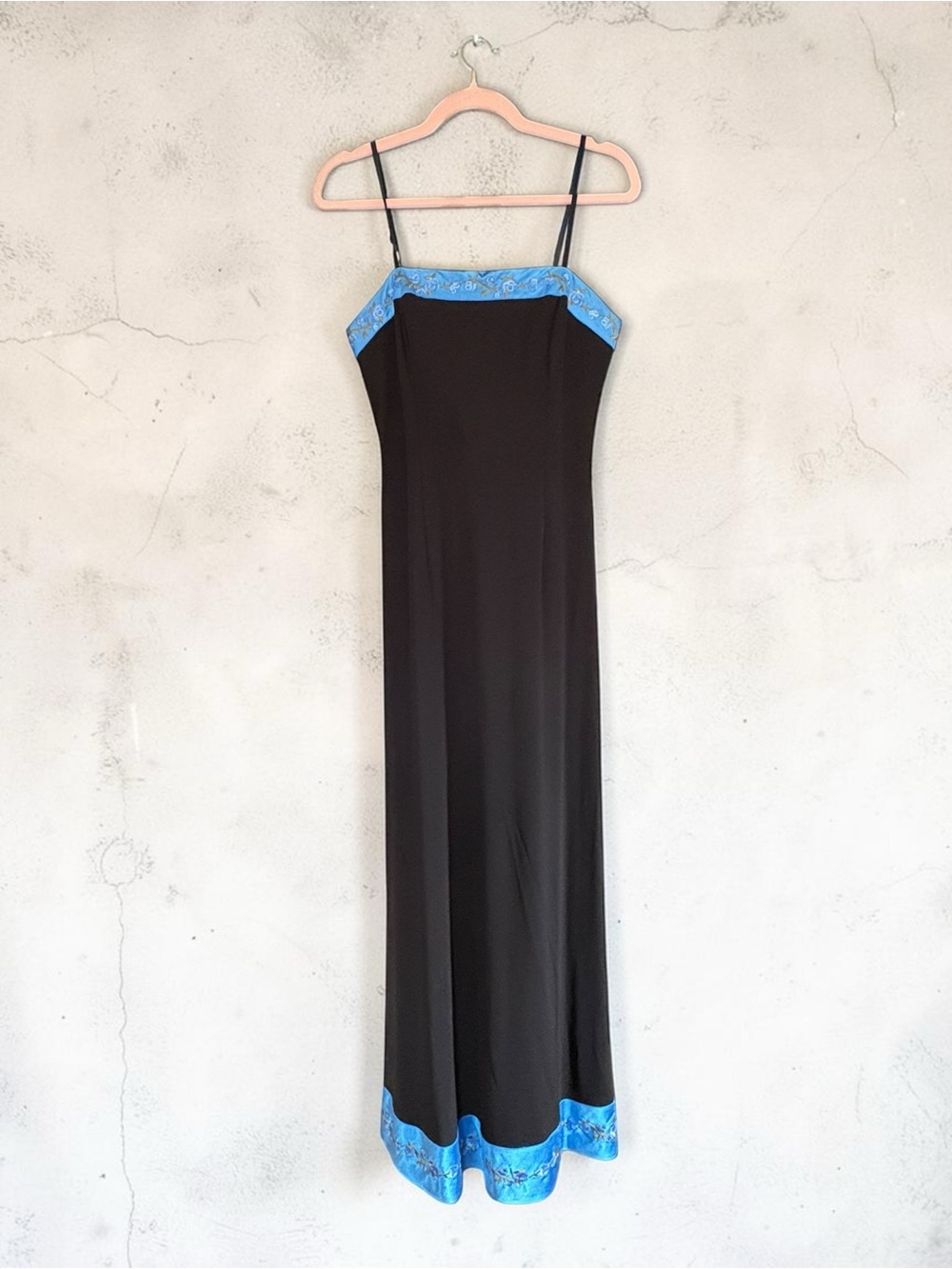 VTG Papell Boutique Evening Strapless Maxi Dress Size 6 Black W/ Blue Satin Trim - Picture 12 of 16